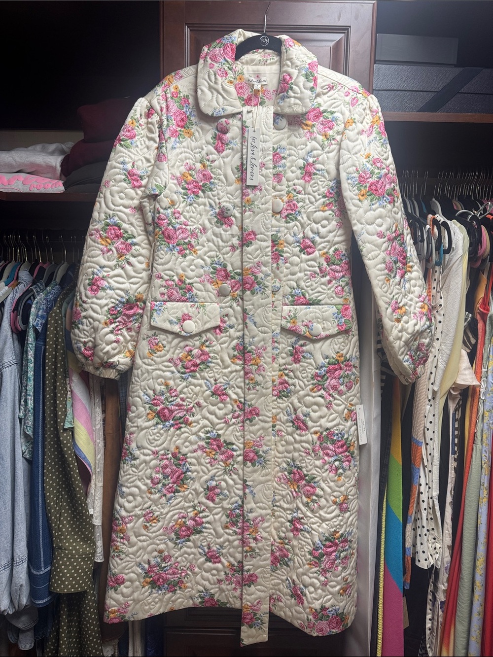 For Love & Lemons Cream Quilted Floral Trench Coat with Pink & Green Accents - Picture 1 of 7